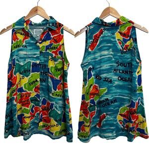 Jams World VTG Multicolor Africa Map Print Sleeveless Hawaiian Shirt Boho Medium